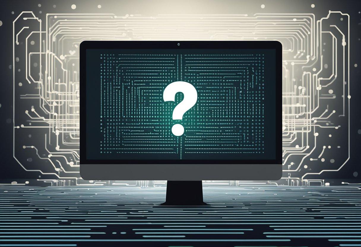 暗い背景に疑問符が表示されたコンピュータ画面。バイナリコードとウェブ上の匿名性を象徴する暗い人物像に囲まれている