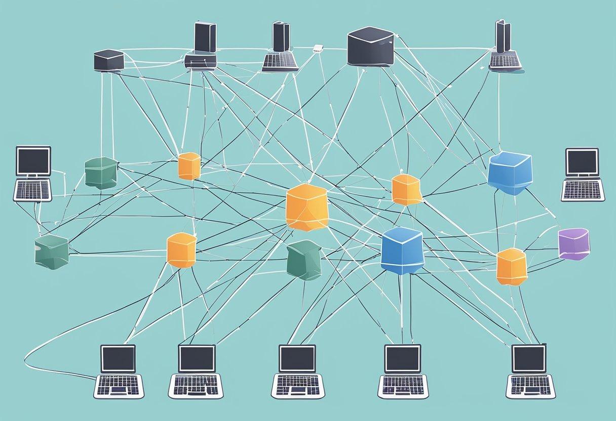 Uma matriz de nós interconectados com várias estruturas de endereços IP, alocados em uma rede digital
