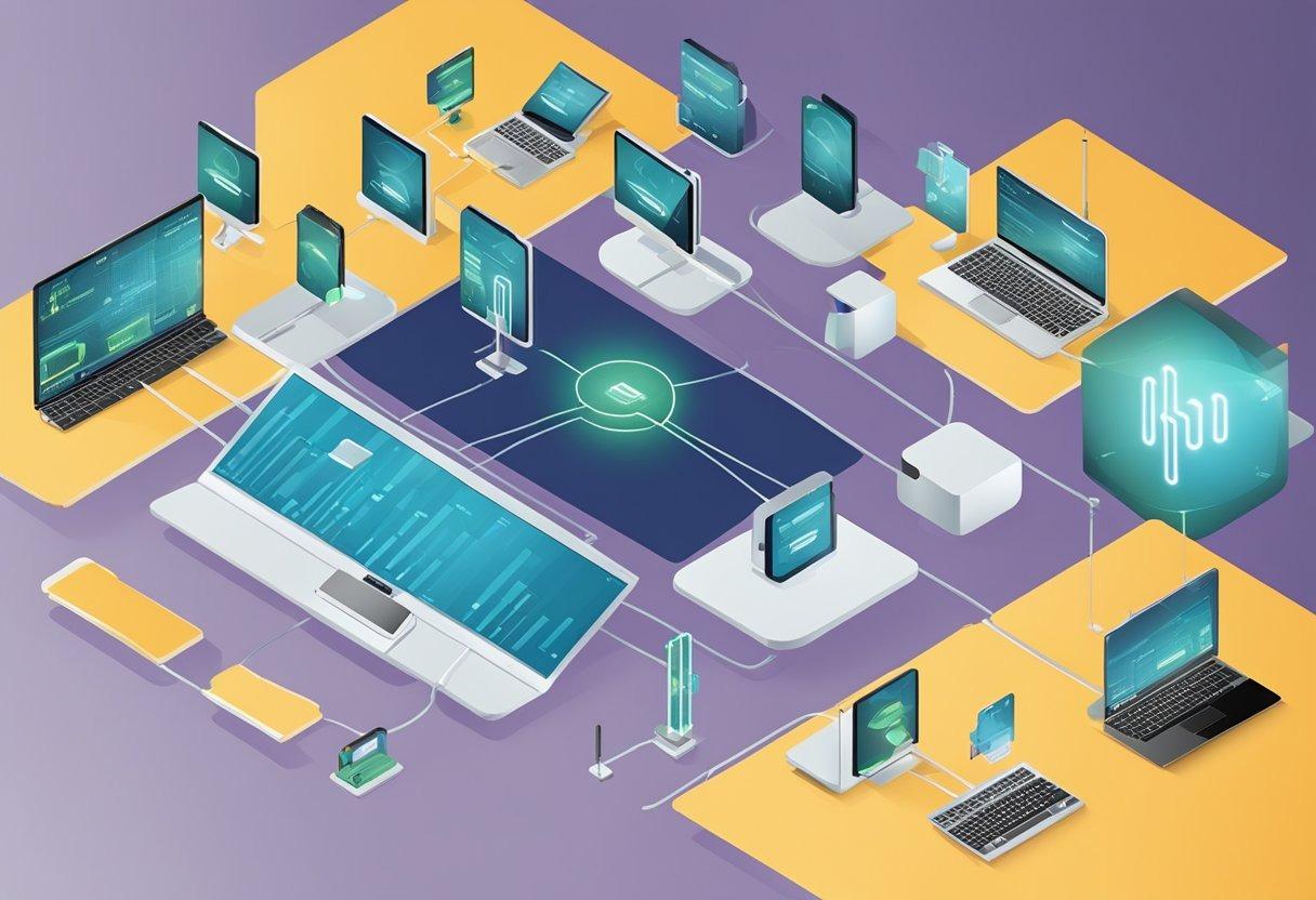 Múltiplos dispositivos conectados por linhas digitais, transmitindo pacotes de dados com endereços IP únicos