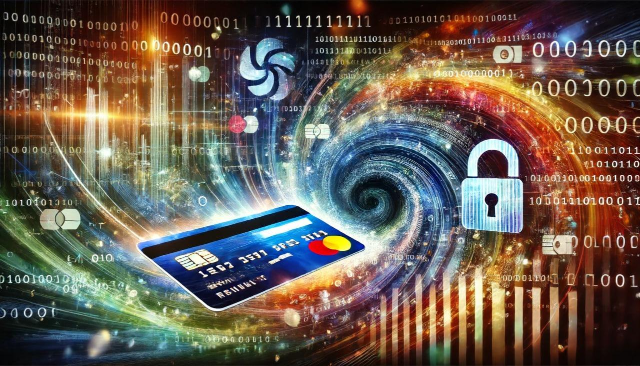 Открытый ноутбук показывает инструмент генератора номеров кредитных карт, с полями для основных данных